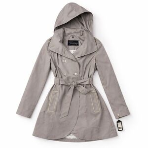 Guess Steel Gray Hooded Trench Raincoat Belted Jacket NWT Size S